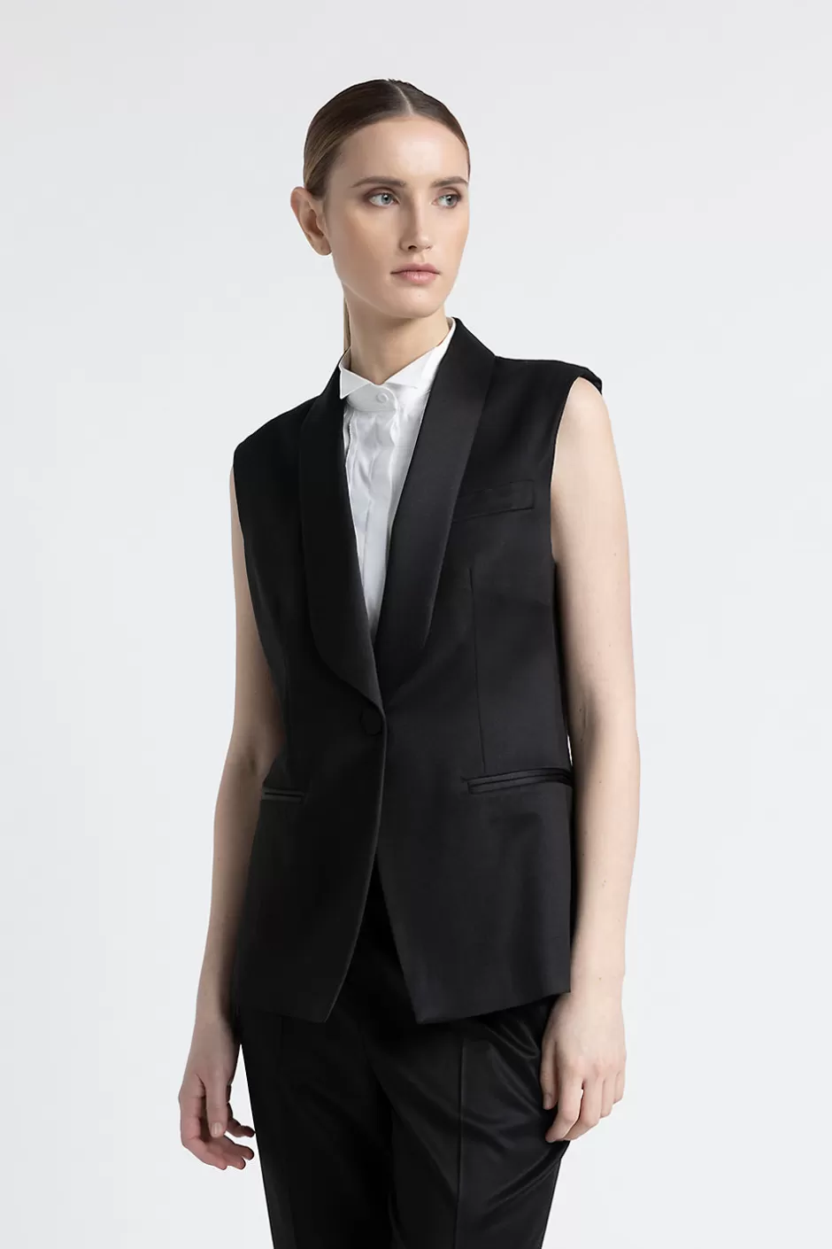 Blazer E Gilet | Peserico Gilet Monopetto In Twill Di Viscosa E Lana Con Dettagli In Raso Nero