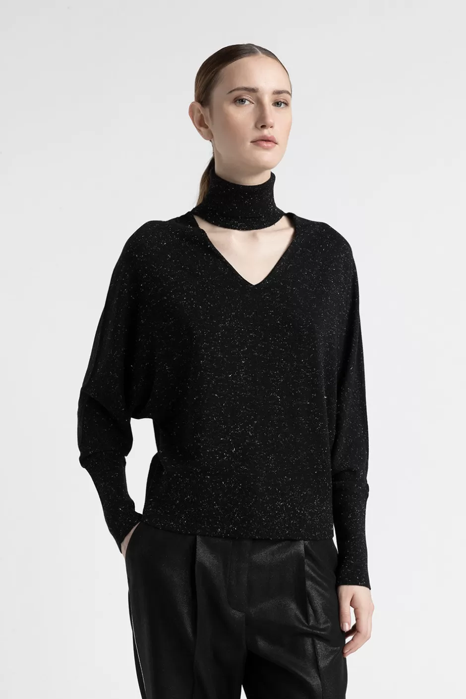 Maglieria | Peserico Maglia Collo Alto E Scollo A V In Lana E Viscosa Nero