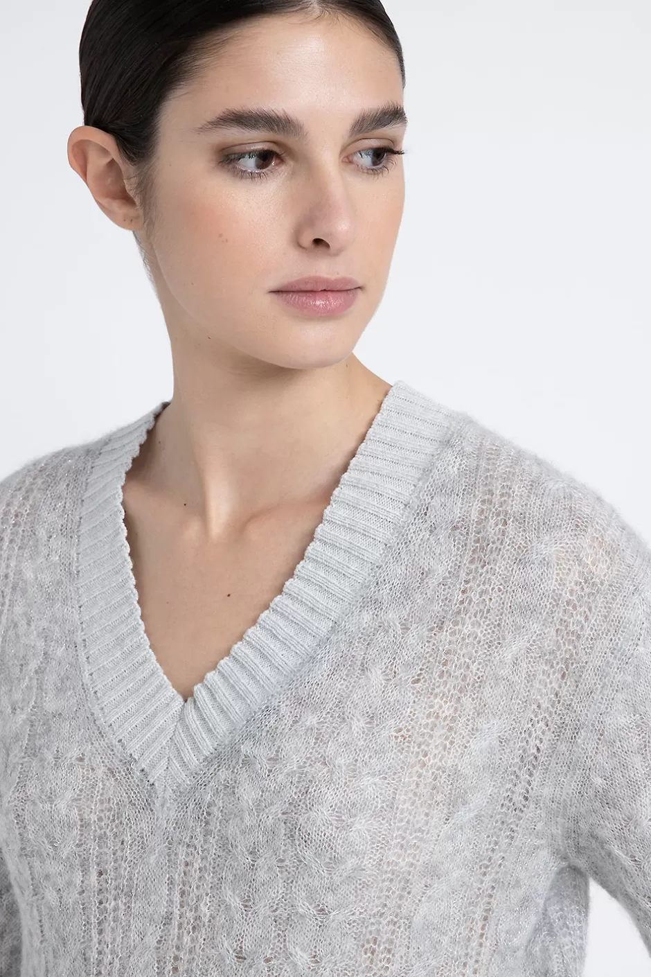 Maglieria | Peserico Maglia Scollo A V A Trecce In Lana Merino, Alpaca E Lurex Grigio nebbia