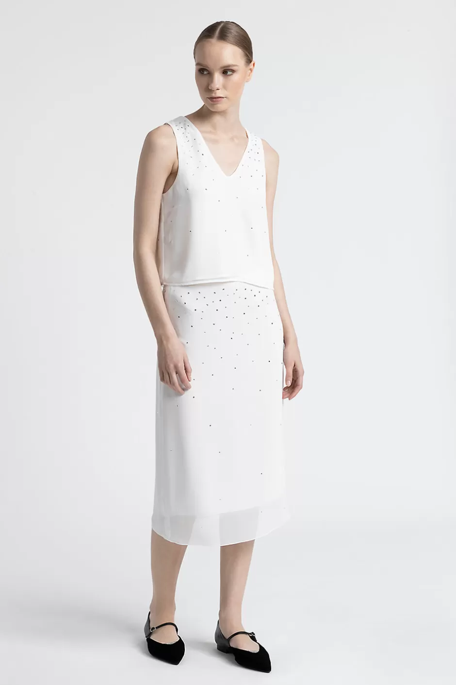 Completi E Set Coordinati | Top E T-Shirt | Peserico Top Crop Con Scollo A V E Cristalli In Crepe Leggero Bianco